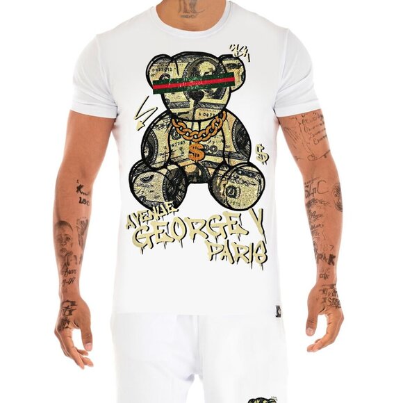 Avenue George V Paris Short Set Men's White 2 piece set Teddy Bear Rhinestone - Picture 2 of 6